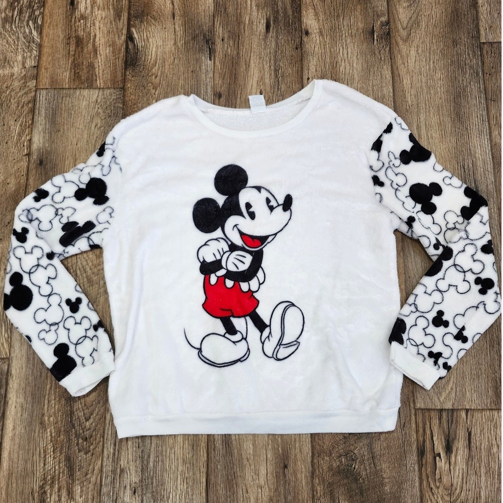 Disney Mickey Mouse Fleece Sweatshirt White Fuzzy Pullover Juniors L 11-13